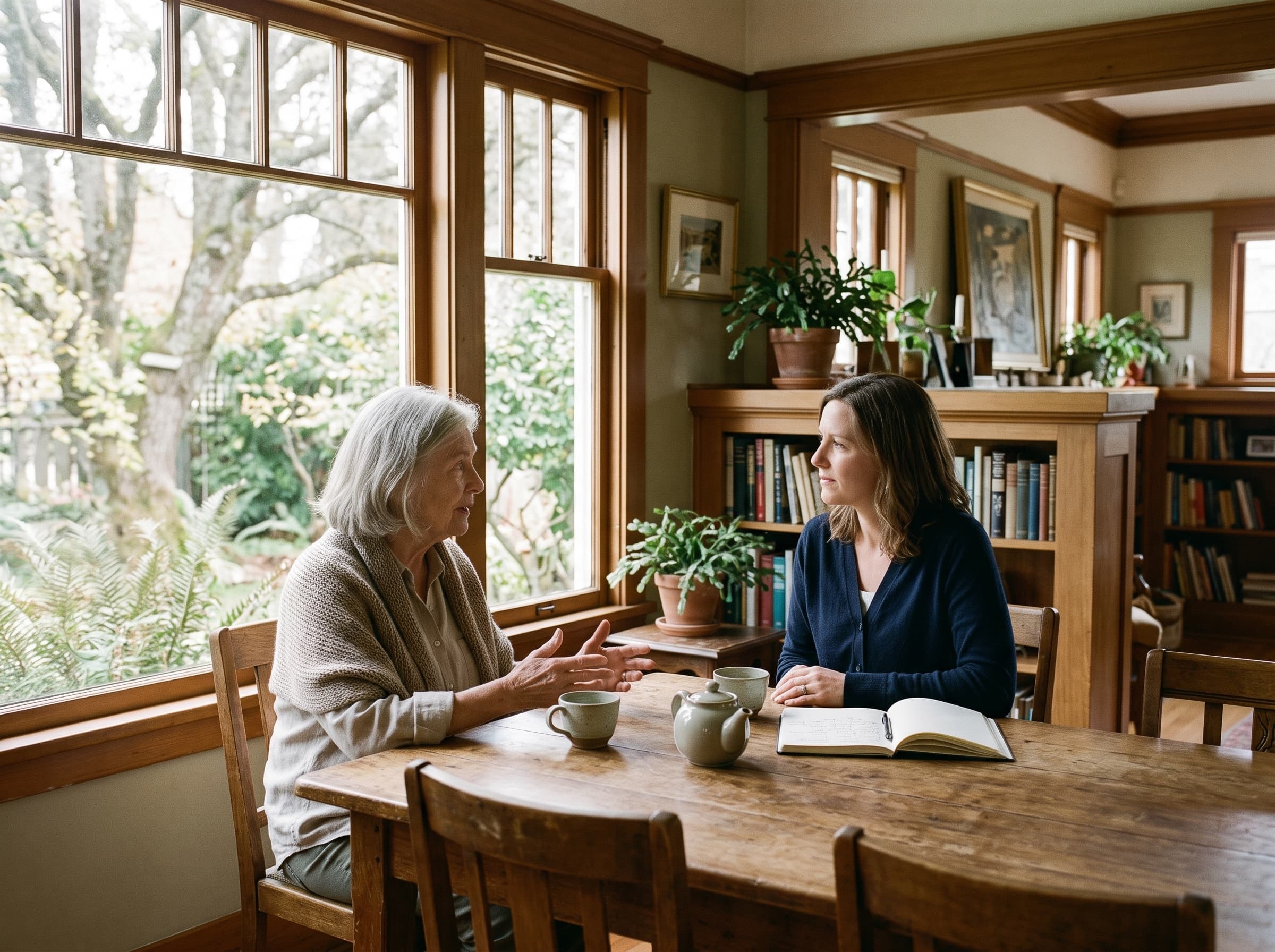 Two people in conversation at a sunlit dining table overlooking a garden.