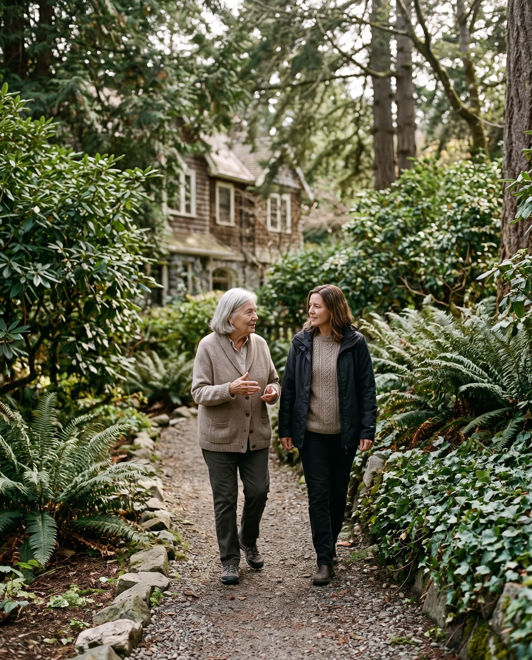 Two people walking together along a leafy garden path.